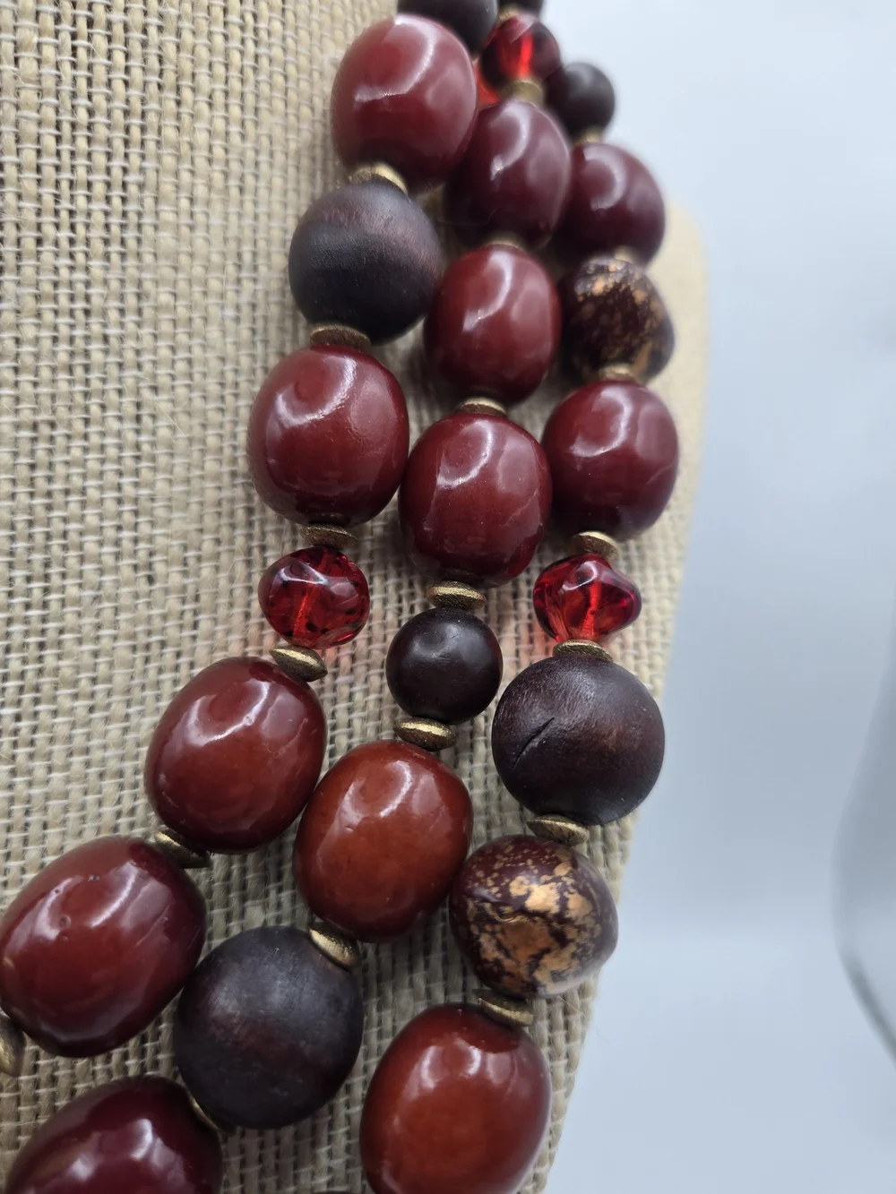 Chico's MultiStrand Burgundy Red Gold Statement Necklace Tribal Focal Chunky Bib